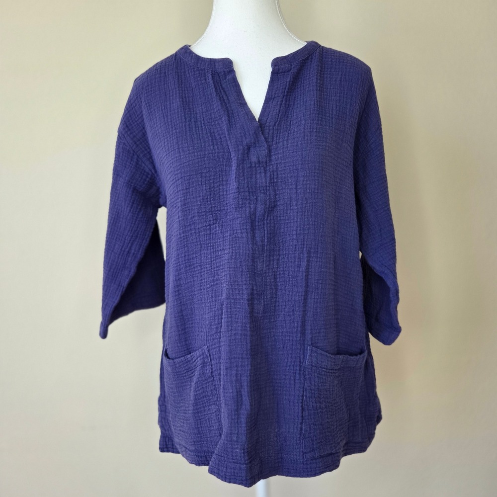 Soft Surroundings Purple Double Gauze Cotton Tunic Top Split Neck Womens Small